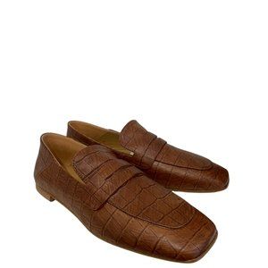 Andrea Carrano Croc Embossed Leather Square Toe Loafers Brown NWB